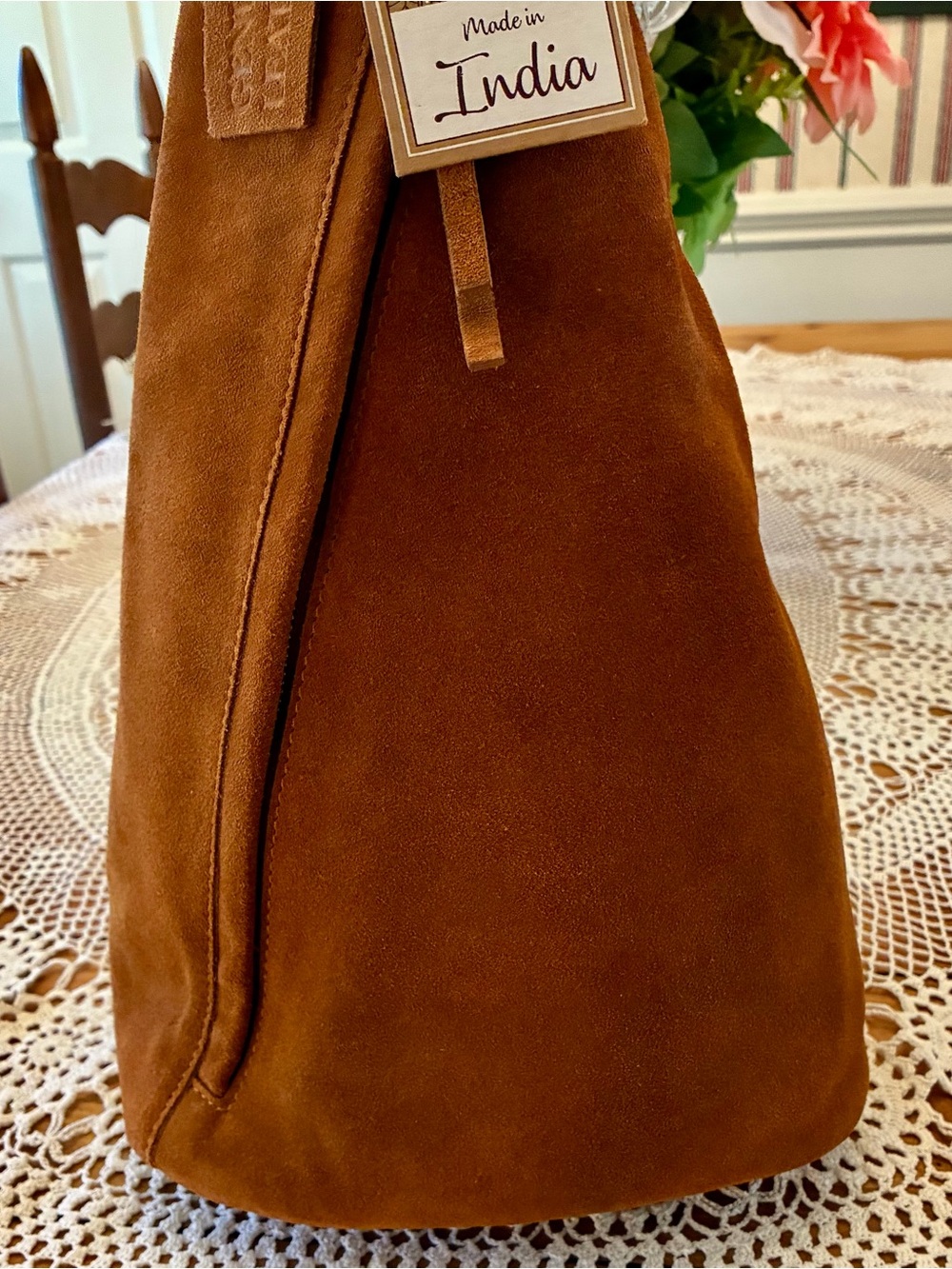 NWT Made in India Brown Suede Women’s Backpack/Sling Bag - Picture 2 of 11
